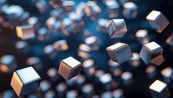 Floating metallic cubes in a dark ambiance create a mesmerizing visual effect with reflections and highlights in an abstract composition photo