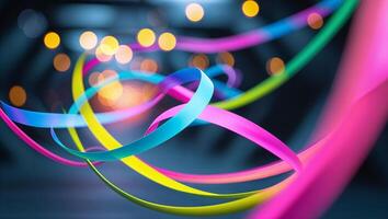 Colorful ribbons swirl in a dark space illuminated by bright lights during a vibrant event at night photo