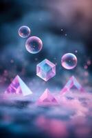Colorful crystal shapes and bubbles create a surreal atmosphere in a misty space photo