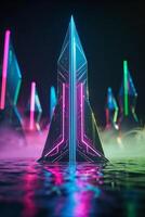 Colorful neon pyramids reflect in water at night in a futuristic setting with mist and vibrant lights illuminating the surroundings photo