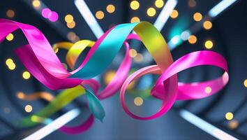 Colorful ribbons in motion create a festive atmosphere with soft lights and vibrant hues photo