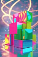 Colorful reflective blocks stacked creatively with vibrant background lights at an artistic display photo