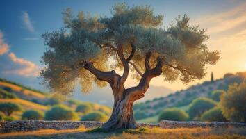 Majestic olive tree under a vibrant sky in a serene landscape during sunset photo