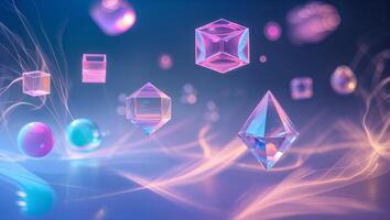 Floating colorful geometric shapes in a vibrant digital space with glowing light effects photo