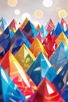 Colorful pyramids rise towards a soft-lit background in an artistic display of geometric shapes and vibrant hues photo