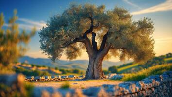Majestic olive tree stands alone in a serene landscape at sunset in a rural area photo