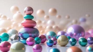 Colorful glass spheres and shapes arranged in a playful display in a soft-lit environment photo