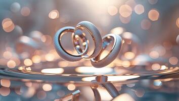 Silver wedding rings reflected in shimmering lights create an elegant display showcasing unity and love photo