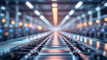 Conveyor belt system in a modern warehouse at dusk showcasing efficient logistics and automation processes photo