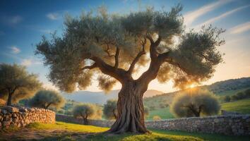 Olive tree stands proudly in a serene landscape at sunset with rocky walls and rolling hills photo