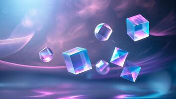 Colorful glass shapes floating above a shimmering surface in a dreamlike setting with radiant hues photo