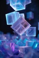 Floating translucent cubes in vibrant colors create a mesmerizing visual display in a dark space photo
