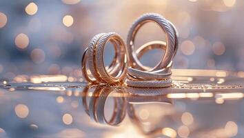 Elegant wedding rings displayed on a reflective surface with soft bokeh lighting in the background photo