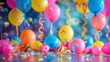 Brightly colored balloons and confetti scattered at a joyful party celebration event photo