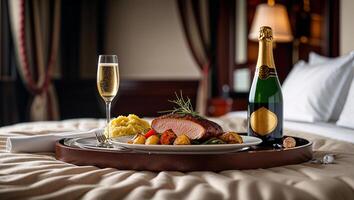 Luxurious dining experience with gourmet meal, champagne, and elegant presentation in a plush hotel suite photo