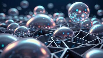 Bubbles float above a geometric surface creating an abstract visual in a futuristic environment photo