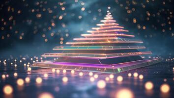 Vibrant pyramid structure with glowing layers illuminated by soft lights in a dark space during the evening photo