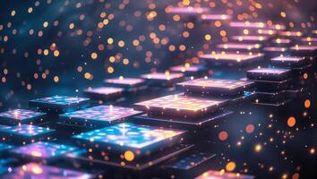 Colorful abstract patterns with glowing squares and bokeh lights at night photo