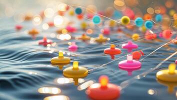 Colorful floating buoys create lively patterns on calm water in a serene environment during sunset photo