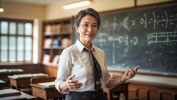 Engaging teacher explains concepts in a classroom filled with books and chalkboard formulas during a school day photo
