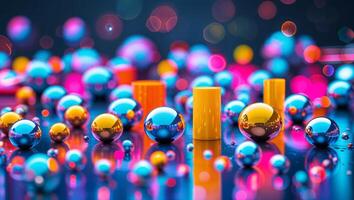 Playful arrangement of colorful spheres and cylinders in vibrant hues creating a lively abstract composition photo
