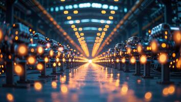 Industrial assembly line showcasing advanced machinery with illuminated lights in a large factory setting photo