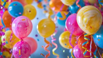 Colorful balloons and streamers create a festive atmosphere for celebrations or parties in a bright setting photo