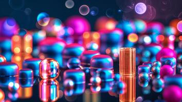 Colorful abstract composition of glossy capsules and spheres on reflective surface at night photo