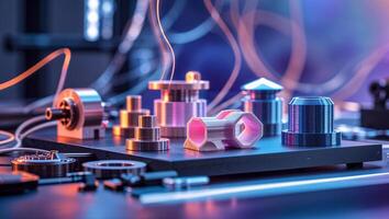 Close-up of metallic components arranged neatly in a workshop showcasing advanced manufacturing techniques and tools photo