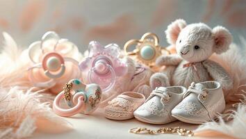 Collection of cute baby accessories in soft pastel colors on fluffy background for newborn gifts photo