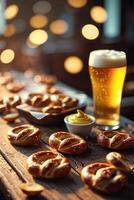 Freshly baked pretzels with mustard and a cold beer on a rustic wooden table in a lively pub atmosphere photo