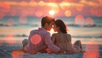 Romantic sunset moment between couple on beach enjoying the serene ocean view together photo