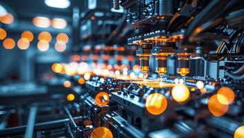 Advanced machinery performs intricate tasks in a bustling manufacturing facility during late evening hours photo