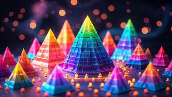 Colorful pyramid structures create a vibrant landscape in a mystical setting with ethereal lighting photo