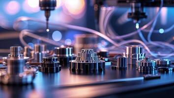 Precision machine parts showcase in a modern manufacturing facility during the late evening hours photo