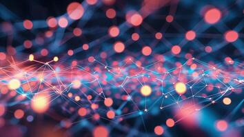 Digital network visualization with connected nodes during nighttime photo
