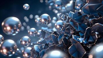 Abstract representation of metallic spheres and geometric shapes creates a futuristic and dynamic visual in a dark environment photo