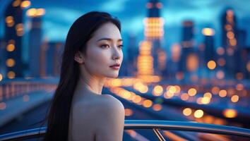 Woman gazes thoughtfully at city skyline during twilight, surrounded by glowing lights and urban ambiance photo