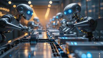Robots assembling products on a futuristic production line in an automated factory setting photo
