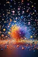 Colorful abstract explosion of particles showcasing movement and different shapes in a dark environment photo