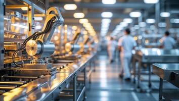 Modern industrial facility showcasing advanced robotic arms working efficiently on an assembly line in a spacious factory environment photo
