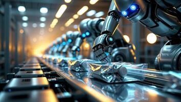Robotic arms working efficiently on an assembly line in a factory during bright daylight hours photo