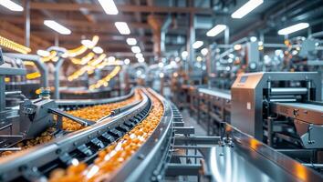 Production line in a modern factory with automated machinery processing goods during daytime operations photo