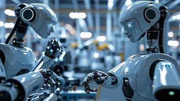 Robots interacting in a modern industrial setting during daylight hours photo