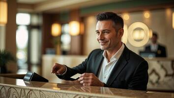 Professional man checking into a luxury hotel at the reception desk during daytime photo