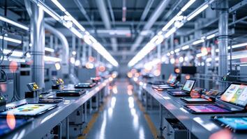 Advanced manufacturing facility showcasing high-tech assembly lines for electronic devices during daytime operations photo