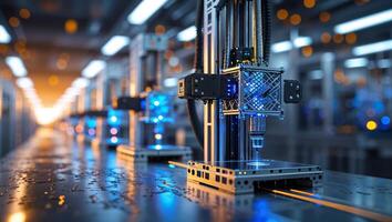 Advanced robotic machinery working in a modern automated factory during nighttime photo