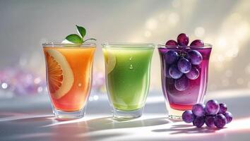Refreshing fruit drinks in vibrant colors served in clear glasses on a soft background photo