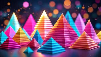 Colorful paper pyramids illuminated with vibrant lights create a festive atmosphere during a creative arts event photo