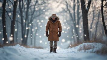 Winter walk through a snowy path lined with trees on a chilly morning photo
